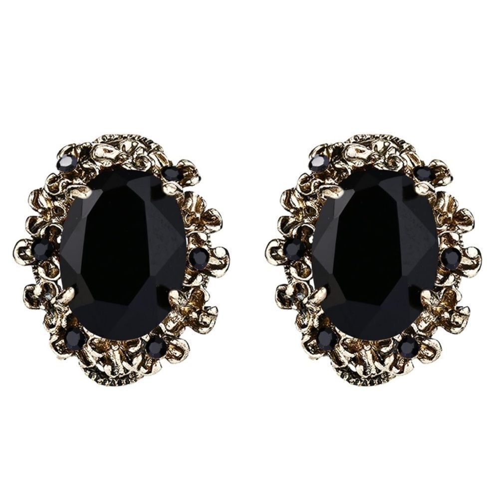 Antique Yellow Gold with Black Onyx Austrian Crystal Cameo Post Stud Earrings
